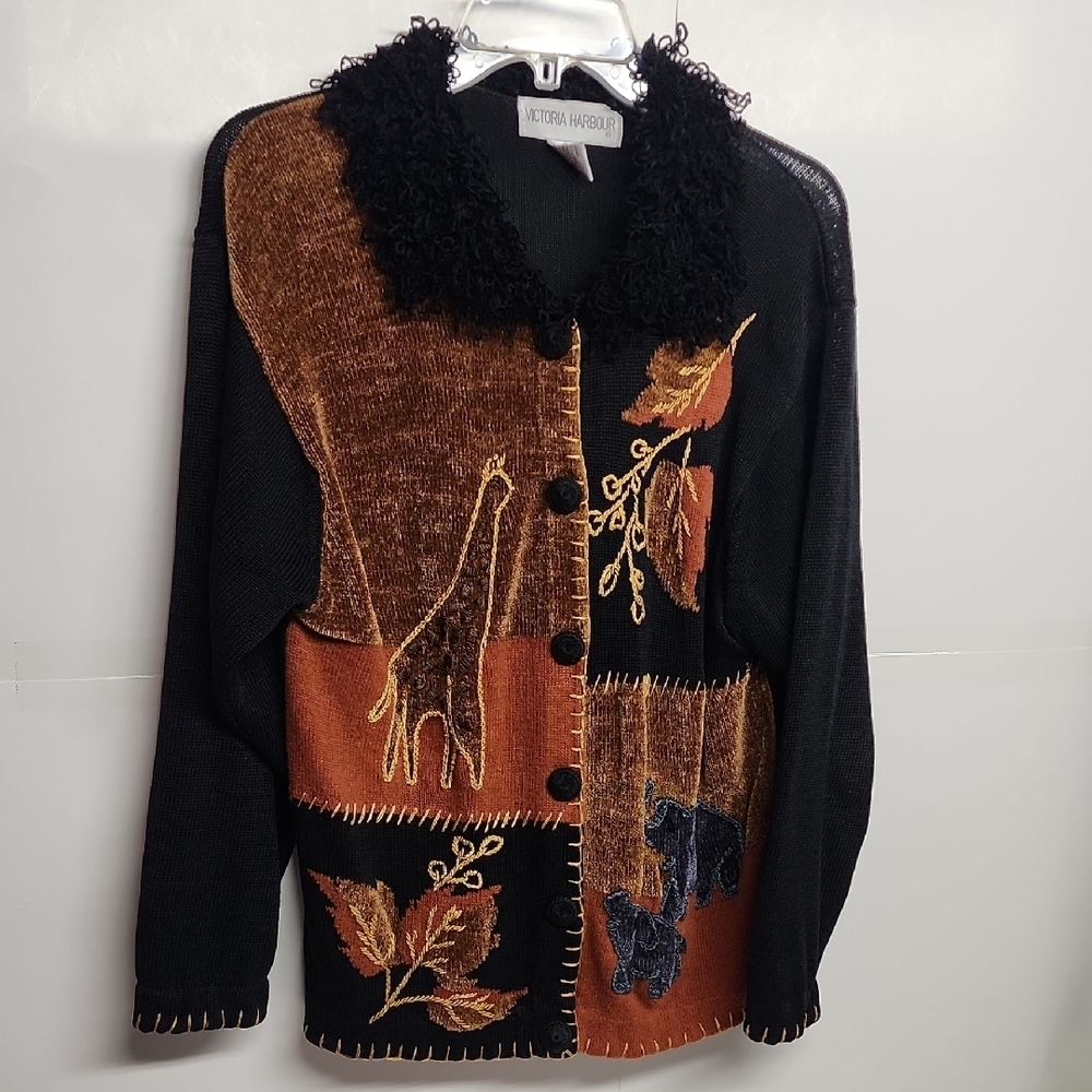 Vintage Victoria Harbour Sz L Black & Brown Womens Adorable Button-down Sweater